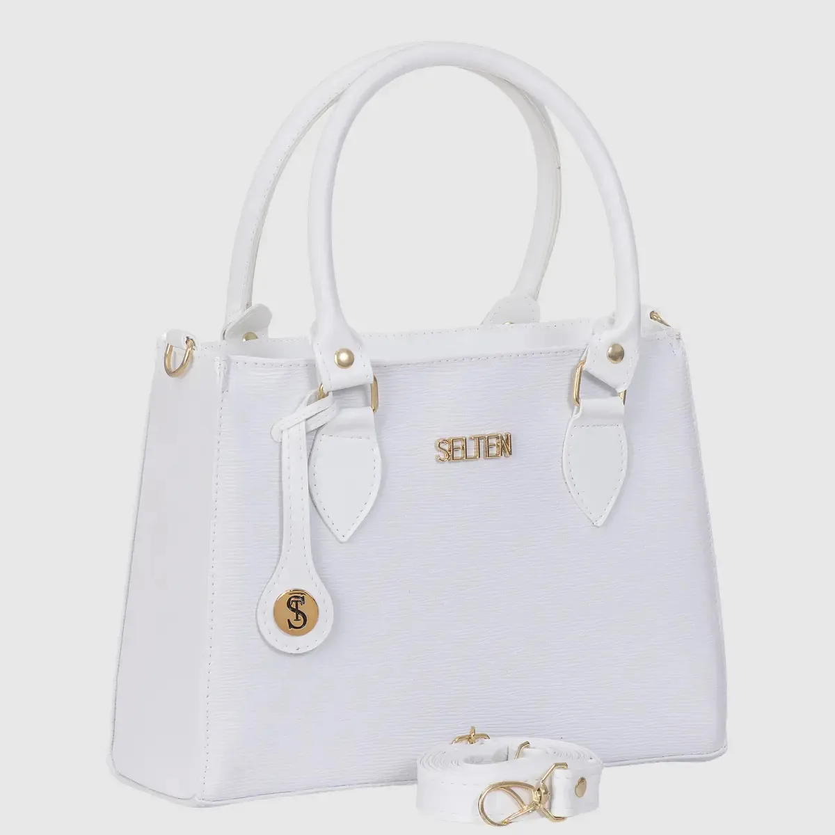 Bolsa Feminina Transversal E De Mão Media Tiracolo Acambamento dos ferragens Ouro Cor Branco Desenho do tecido Lisa