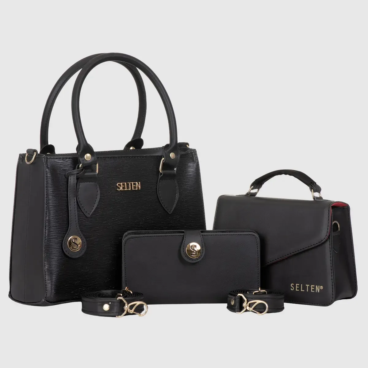 Kit Bolsa Feminina Media E Pequena Transversal Com Carteira Acambamento dos ferragens Ouro Cor Preto Desenho do tecido Lisa