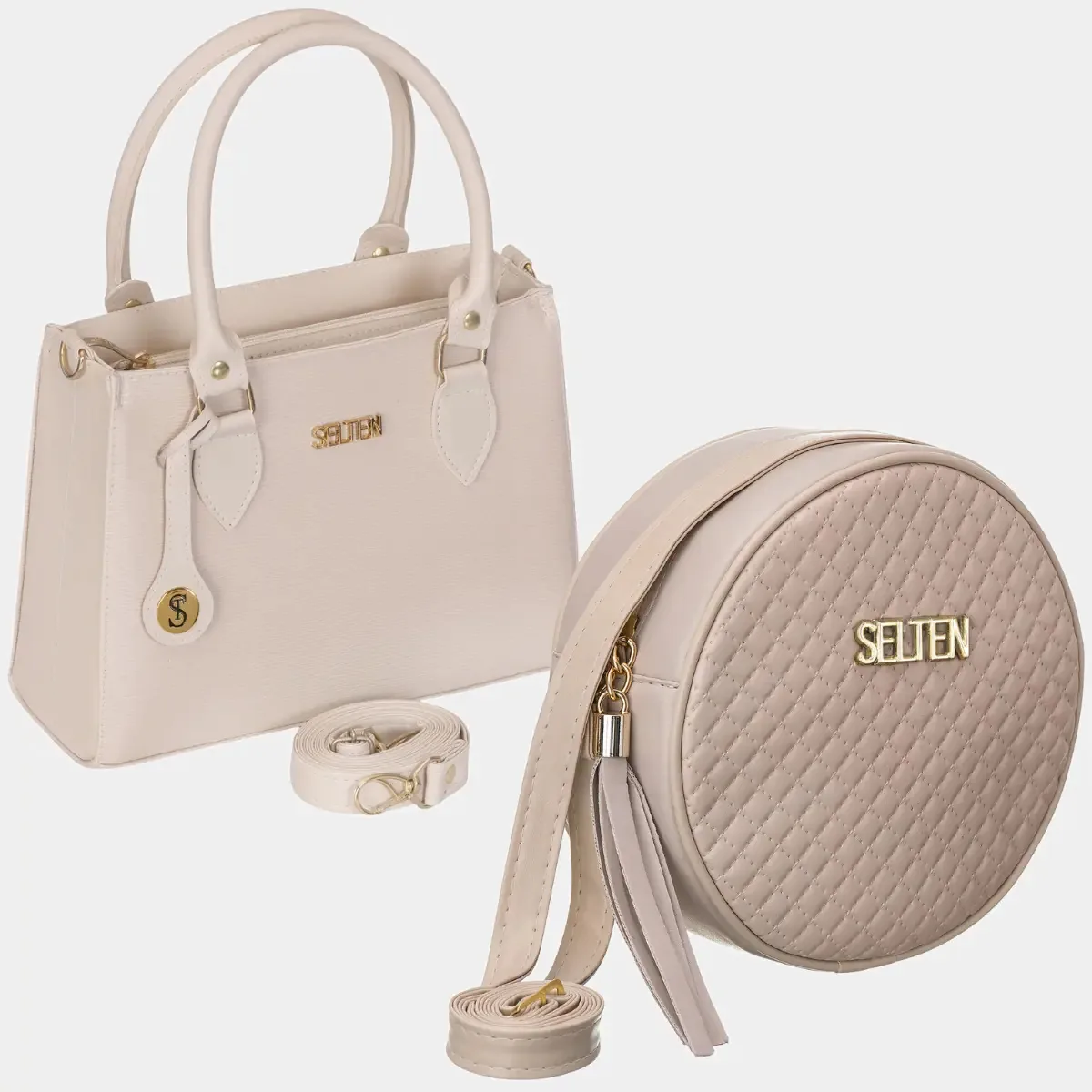Kit Bolsas Femininas Média De Mão E Alça Transversal Acambamento dos ferragens Ouro Cor Creme