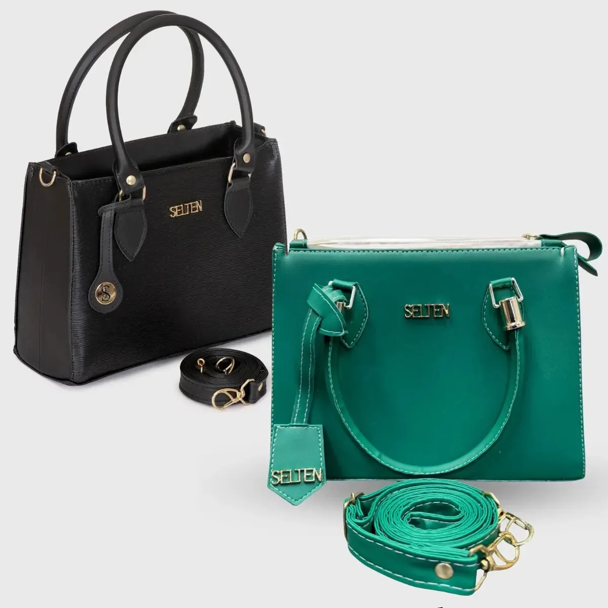 Kit Bolsas Feminina Media Alça Transversal E De Mão Acambamento dos ferragens Ouro Cor Preto e verde