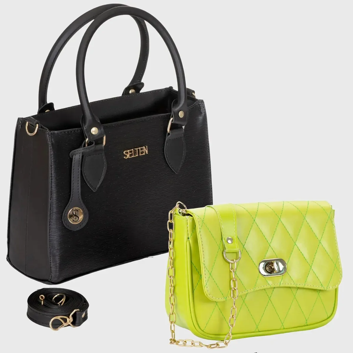 Kit De Bolsas Feminina Transversal E Bolsa Pequena Acambamento Dos Ferragens Ouro Cor Preto E Verde Lima