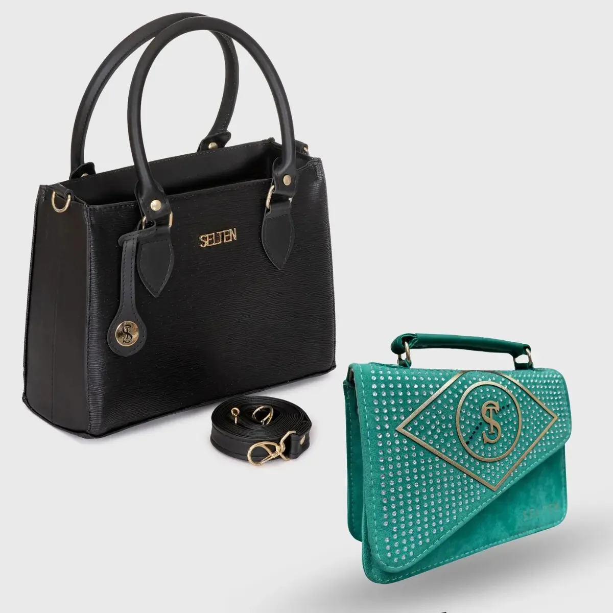 Kit De Bolsas Media Transversal Feminina E Bolsa Pequena Preto E Verde Bandeira Ouro