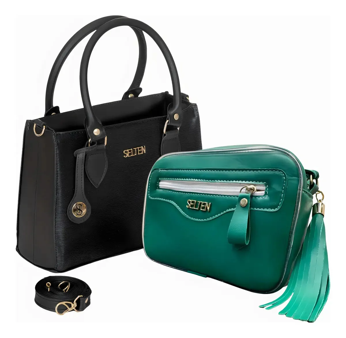Kit Bolsa Feminina Media Alça Transversal E Bolsa Pequena Acambamento Dos Ferragens Ouro Cor Preto E Verde Bandeira