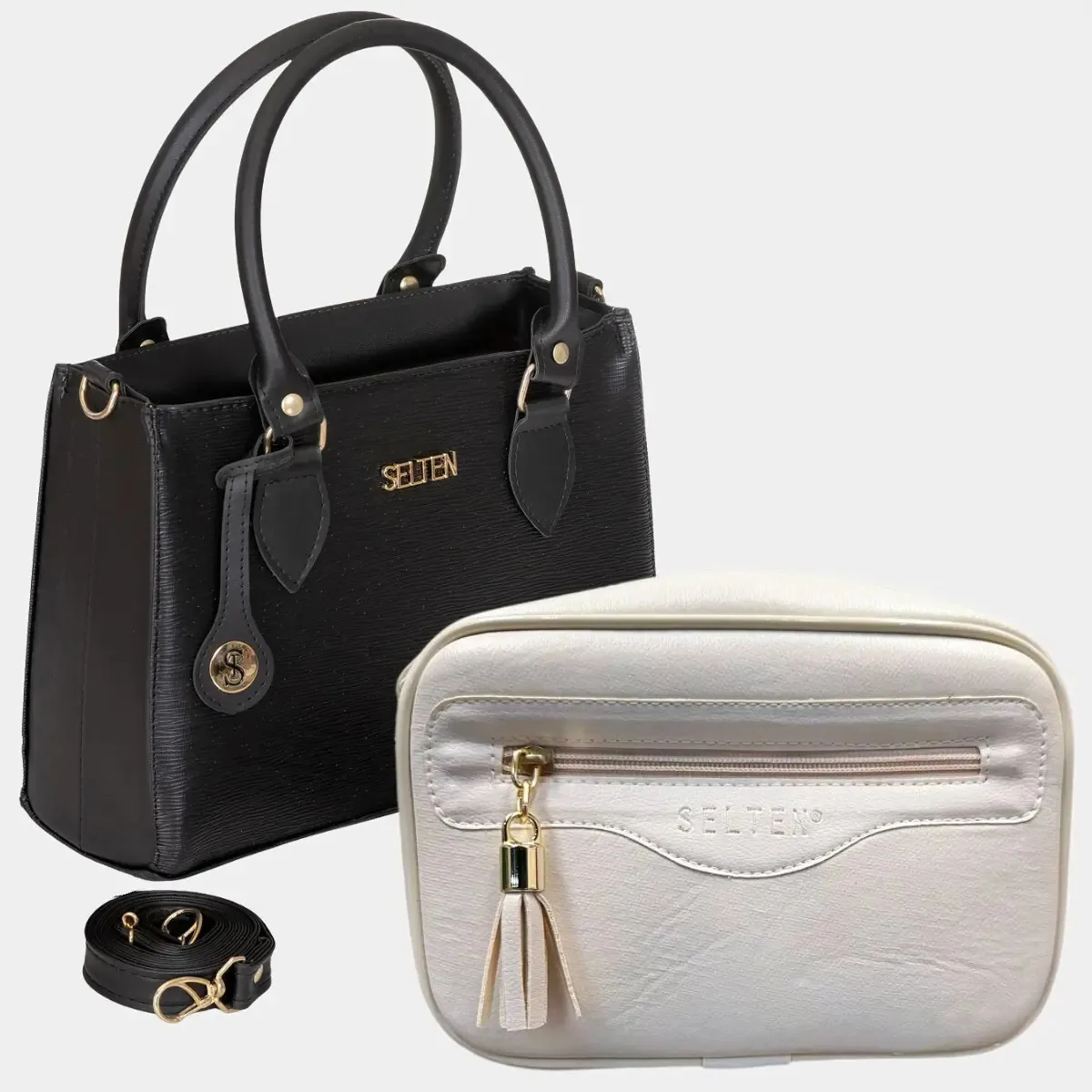 Kit Bolsa Feminina Media Alça Transversal E Bolsa Pequena Acambamento Dos Ferragens Ouro Cor Preto E Creme