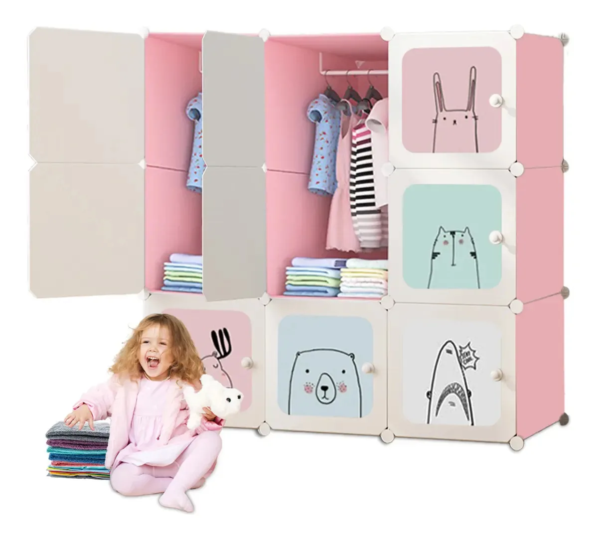 Organizador de armários para roupas e brinquedos para crianças, cor rosa claro