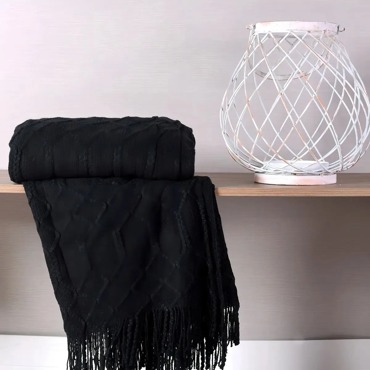 Manta Sofá Tricot Preto 127x152cm Toque Macio Tessi Franjas