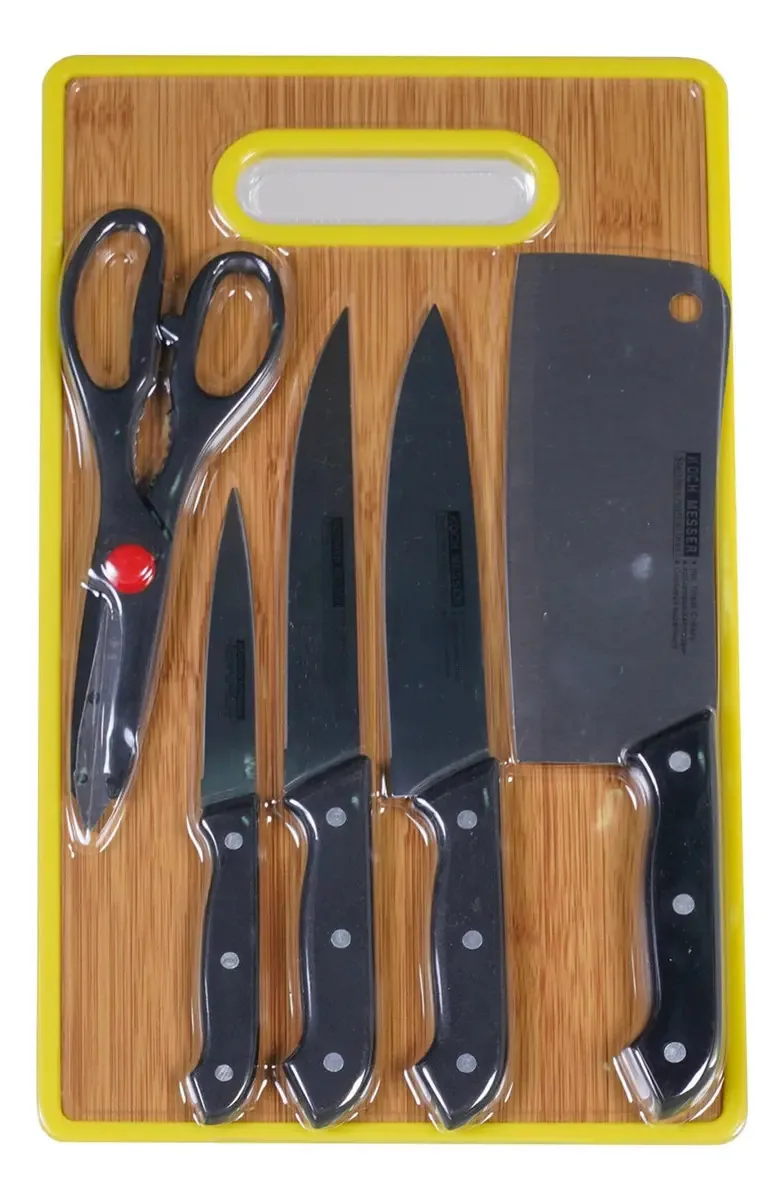 Kit Carnes E Legumes 6 Peças Com 4 Facas Tesoura E Tábua Pre
