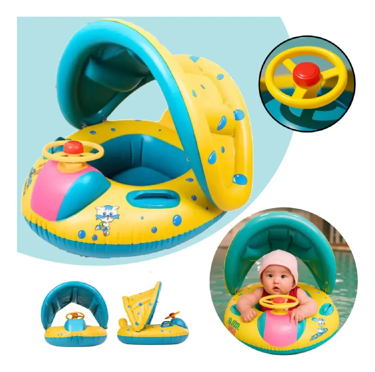 Boia Bote Bebê Infantil Com Volante E Buzina Divertida Inflável Proteção Cobertura Piscina Sambalelê Artigos Para Festas E Descartáveis