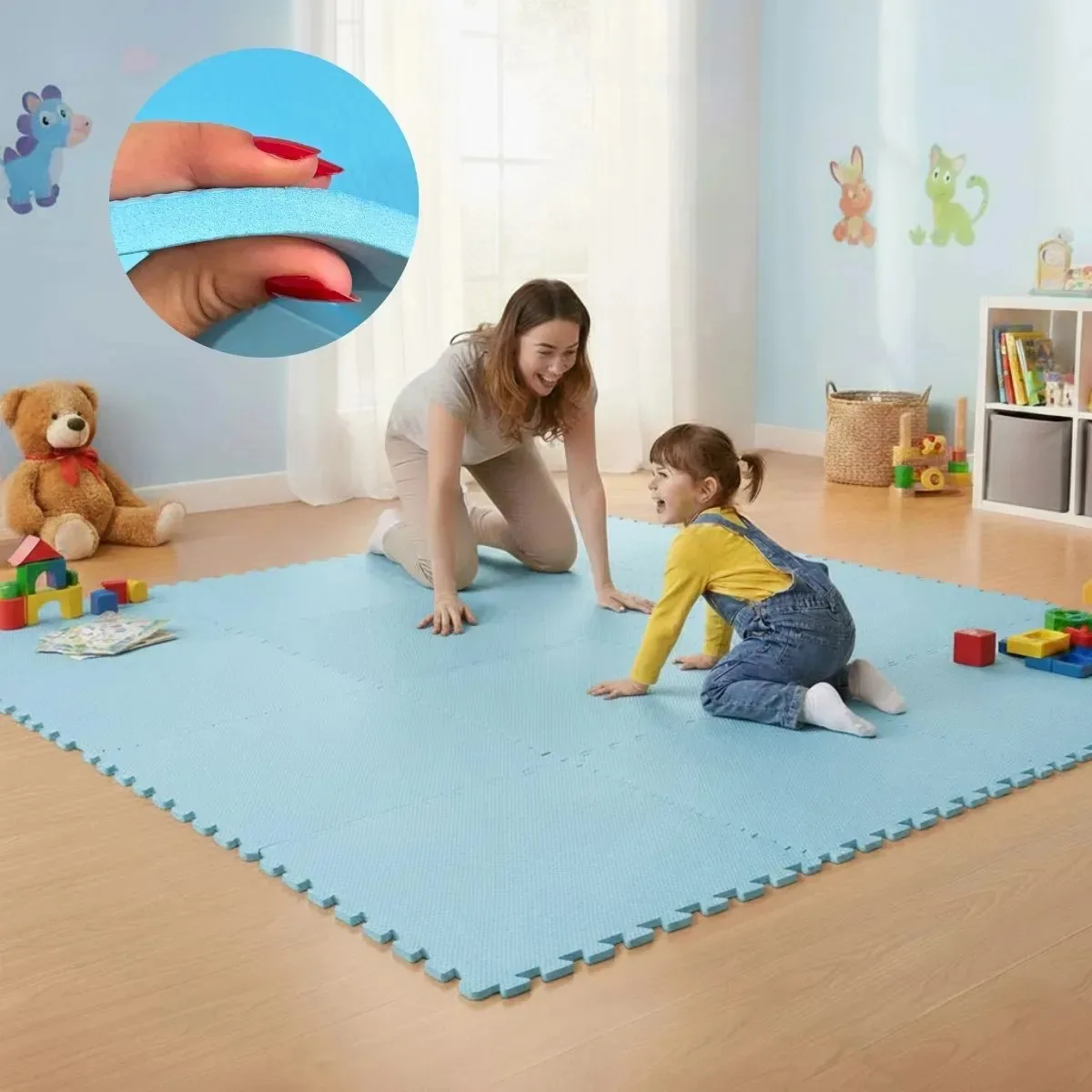Tapete Eva Encaixe Leksor de 50x50cm Azul-Claro Com Bordas Para Tatame e Yoga