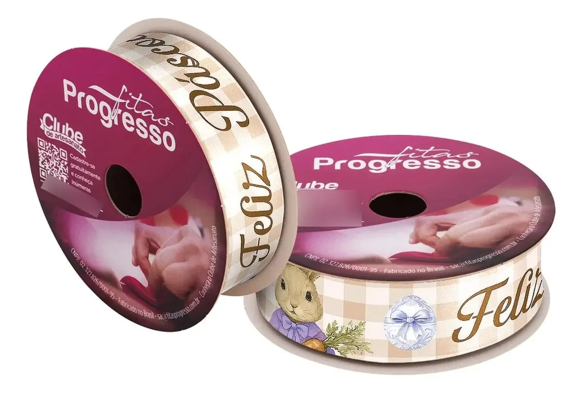 Fita Cetim Feliz Páscoa Coelho Xadrez Bege 22mm 10m Xadrez Bege Coelho