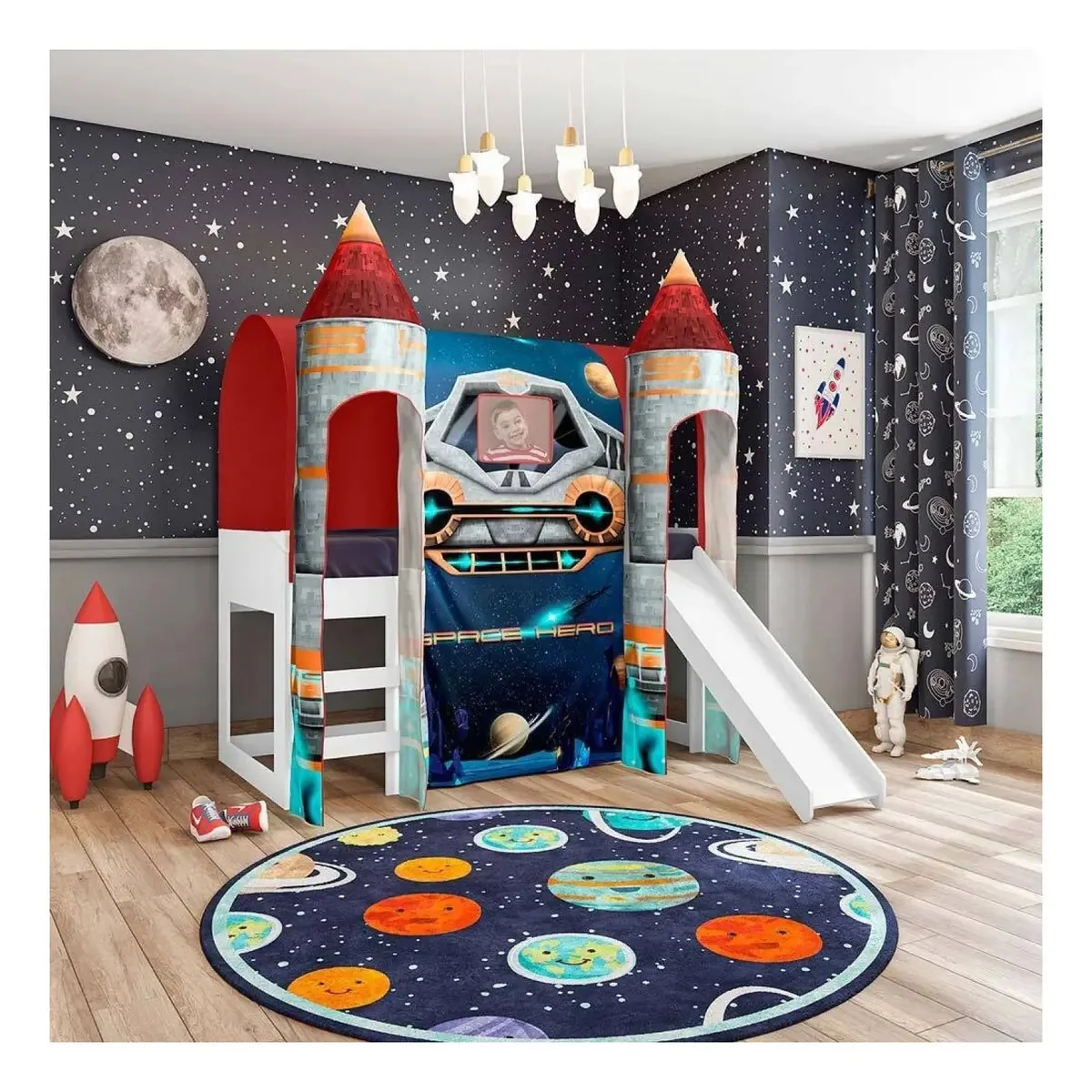 Cama Joy Espaço Com Escorregador E Dossel 2 Torres E Luz De