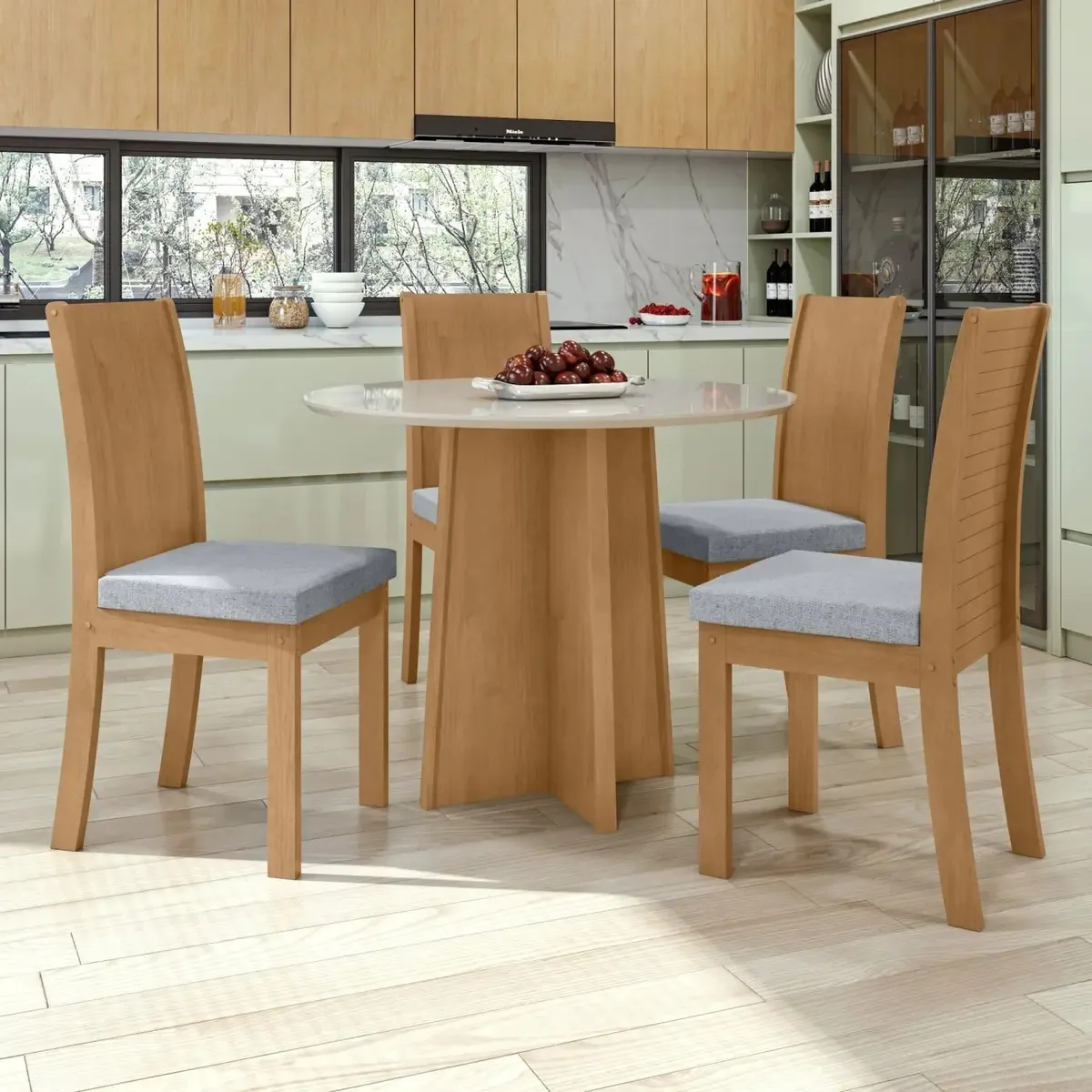 Conjunto Mesa 100cm Tampo Mdf/vidro 4 Cadeiras Athenas