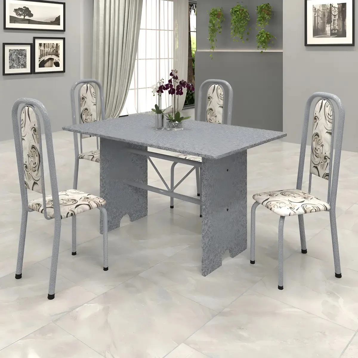Conjunto De Mesa 120x75cm Tampo Granito Com 4 Cadeiras Wt