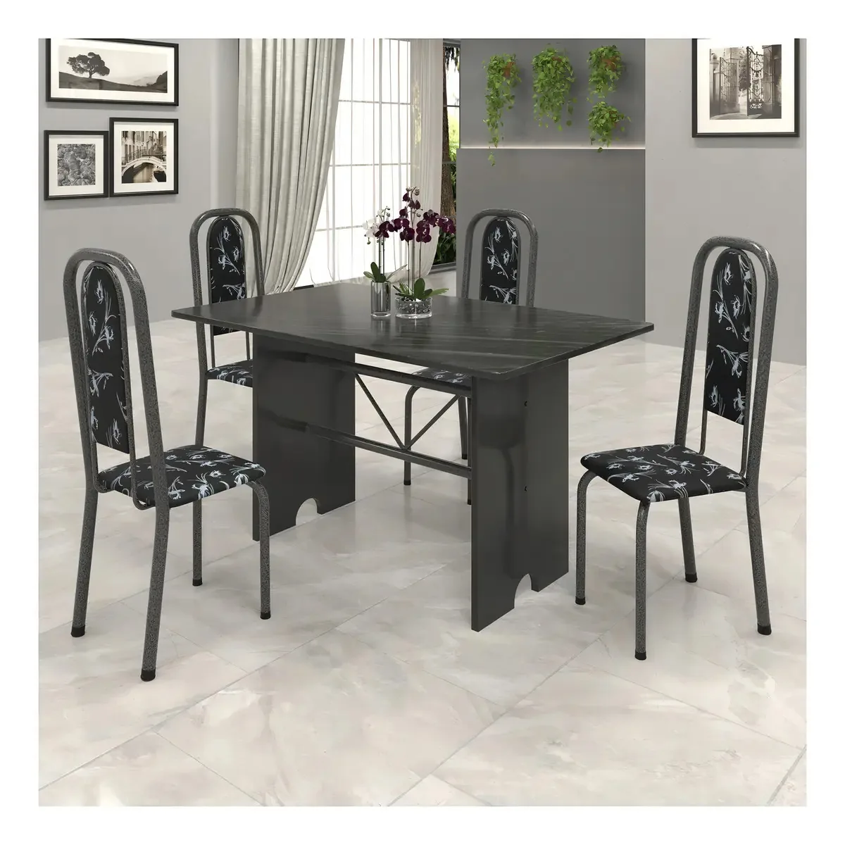 Conjunto De Mesa 120x75cm Tampo Ardósia Com 4 Cadeiras Wt