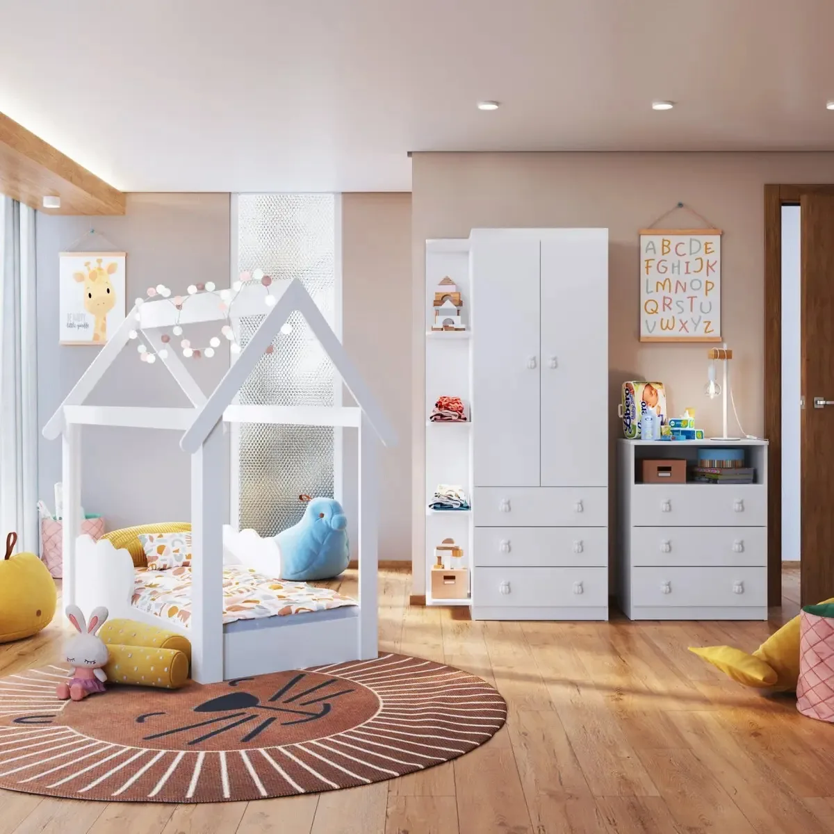 Conjunto Infantil Guarda Roupa Com Nichos Cômoda E Cama