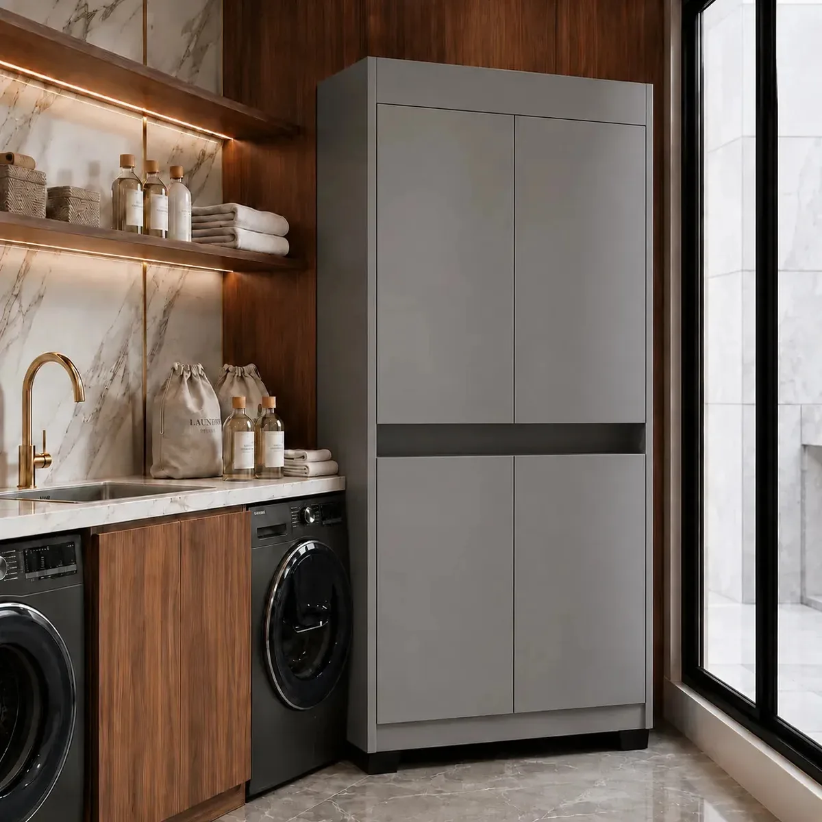 Armário Sapateiro Multiuso Lavanderia Closet 4 Portas Prateleiras Nichos Com Pés Gael Design Moderno Cinza/mel