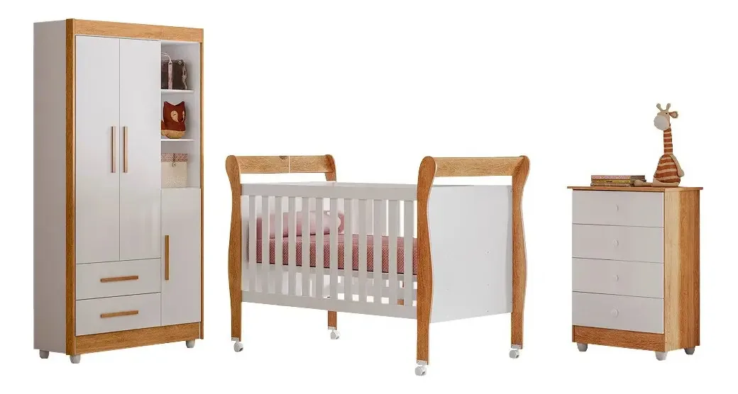 Quarto De Bebê Completo Com Cômoda, Berço E Guarda Roupas
