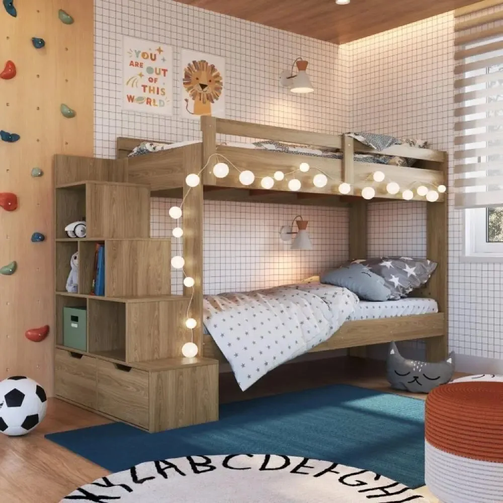 Beliche Infantil Com Escada Nichos 2 Gavetas 2 Colchões