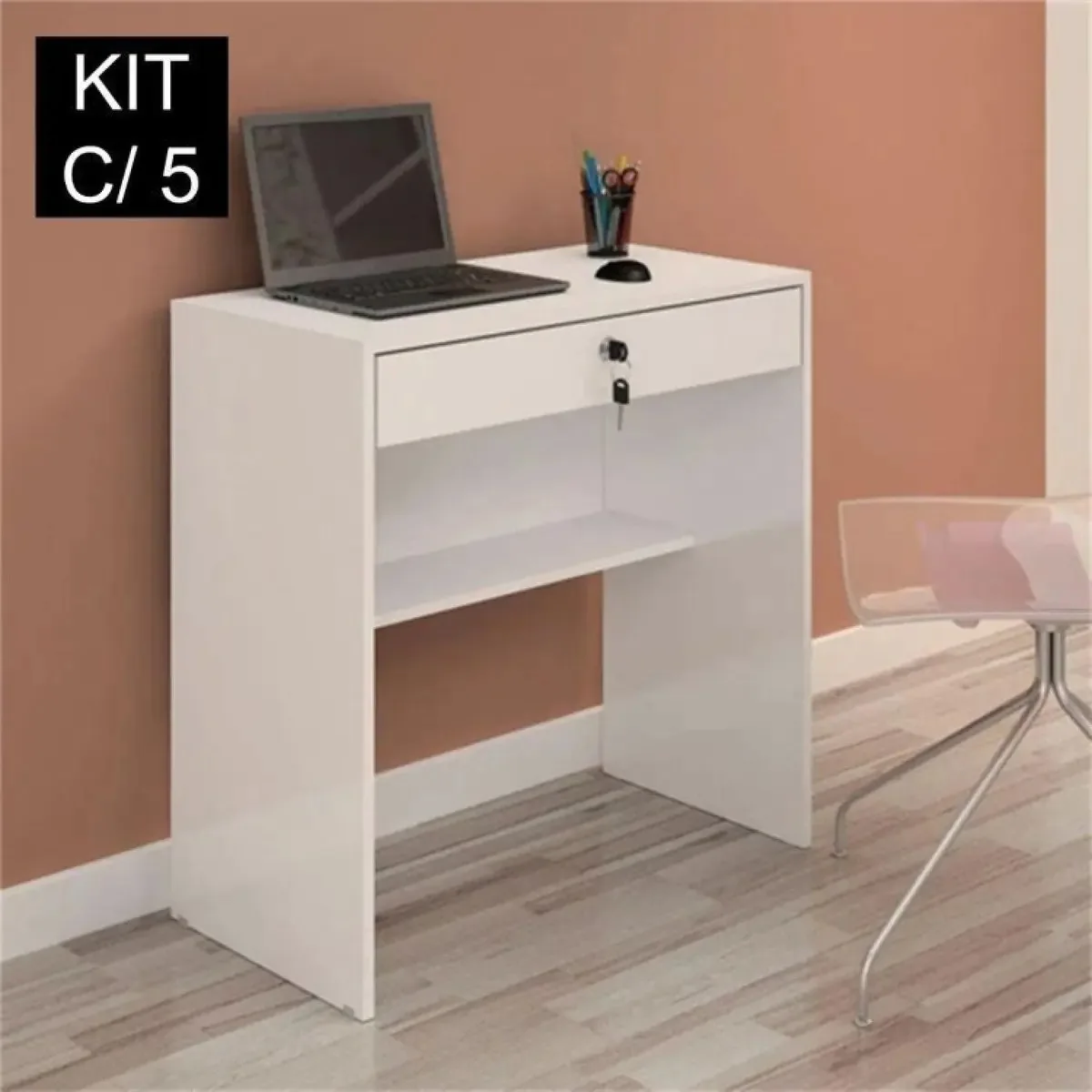Kit 5 Escrivaninhas 72cm 1 Gaveta Com Chave Andorinha Wt JCM Móveis