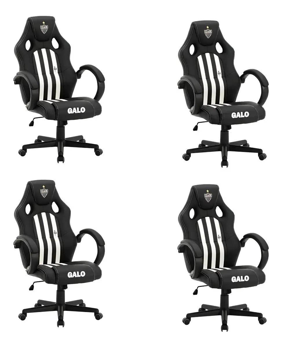 Kit 4 Cadeiras Gamer Or Design Atlético Mineiro Preto/Branco Reclinável PU
