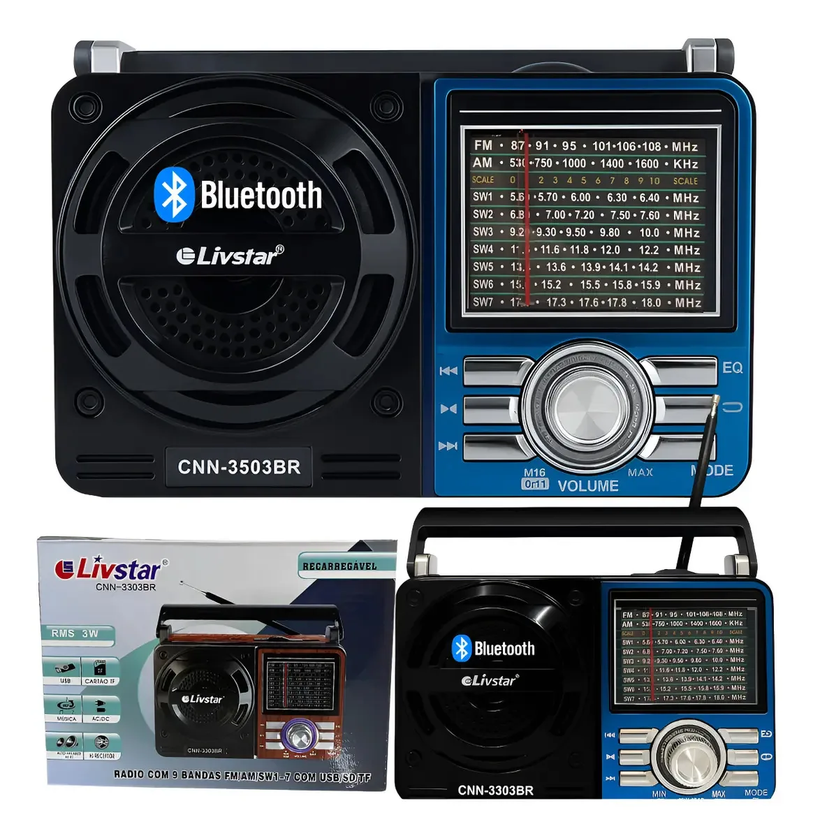 Rádio Portátil Am/fm Bluetooth Usb Pilha Recarregavel Retrô Azul