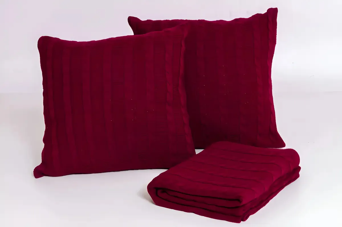 Xale Manta Sofá Trico Peseira Cama Queen + 2 Capas Almofadas Cor Marsala Desenho Trança