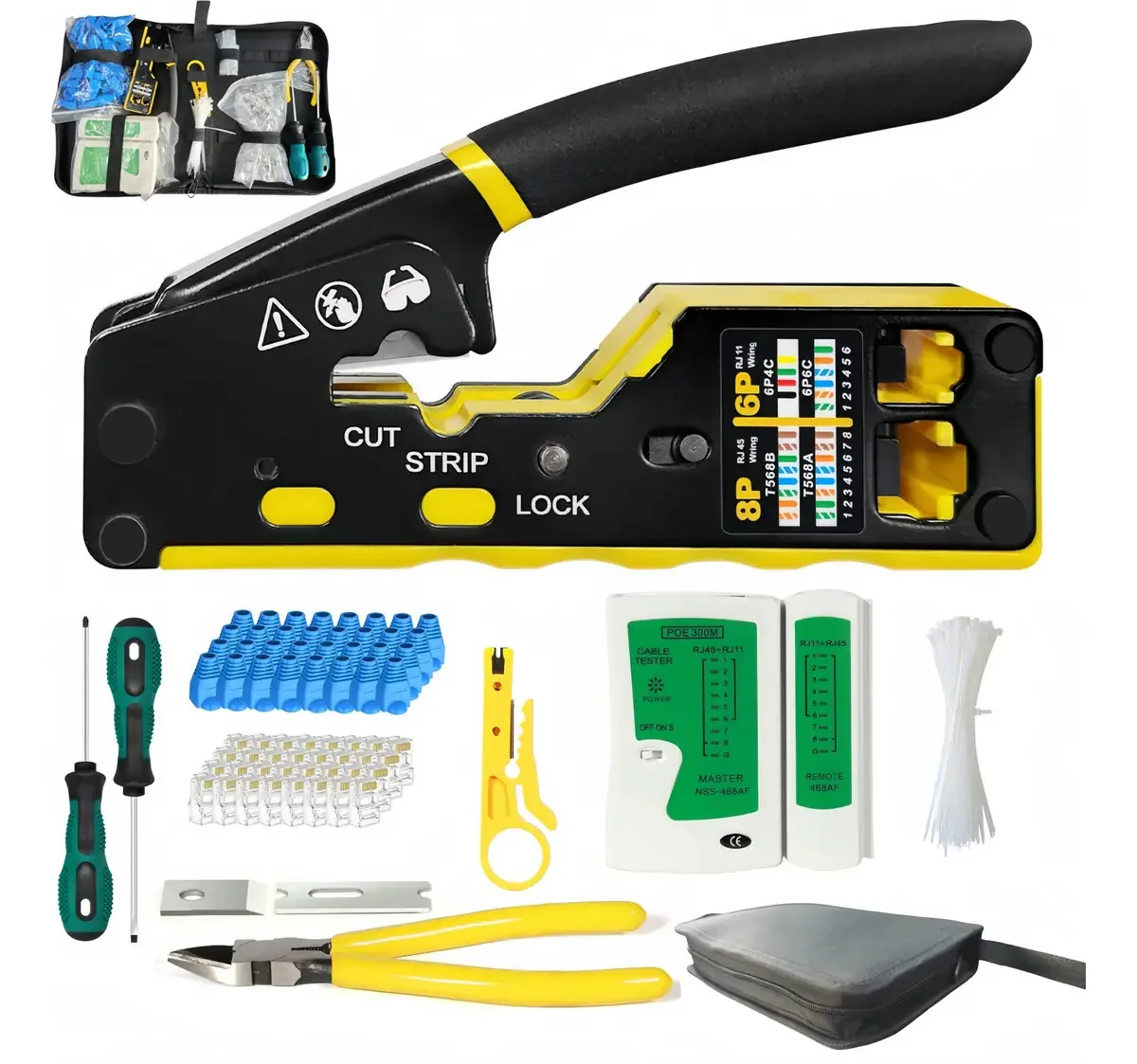 Kit De Alicate Crimpar Cabo Rede Rj45 Com Bolsa De Pano Para Armazenamento Alicate Crimpar Rj45 Vazado + Testador+alicate De Bico Fino + Chave De Fenda