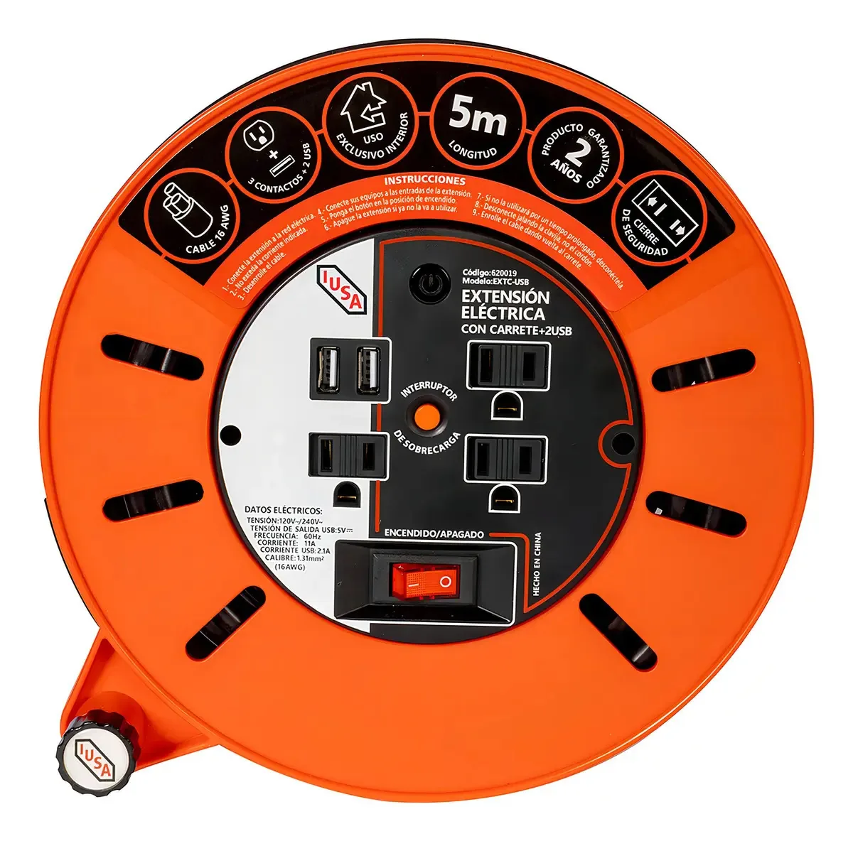 Extensão elétrica D'Carrete Iusa, 5 m, 3 entradas + 2 USB