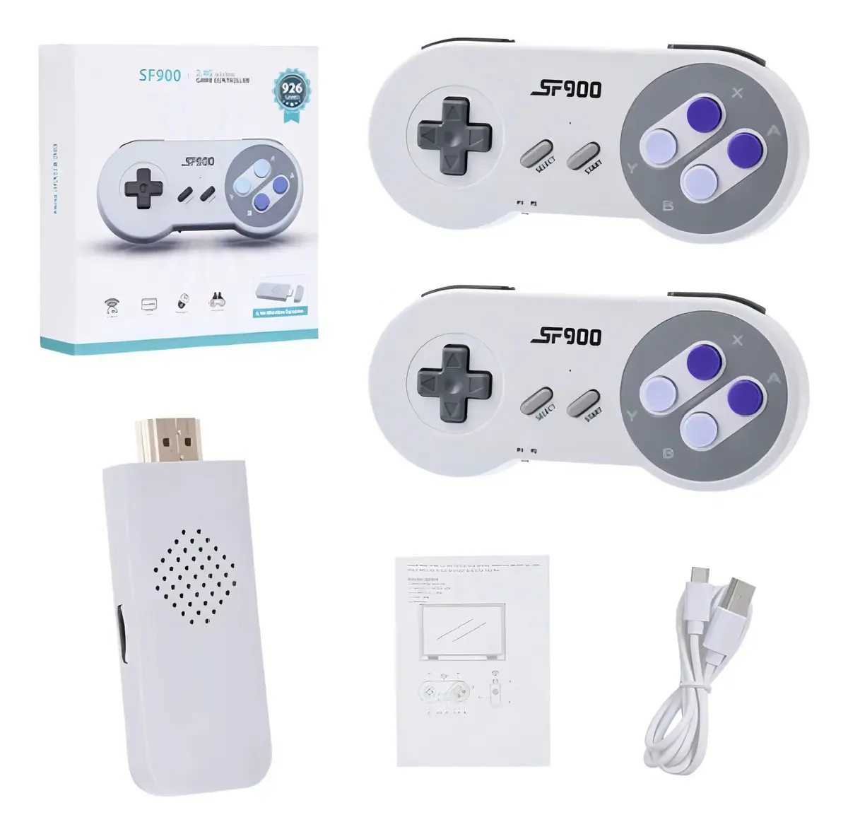 Console Retro SF900 TV Stick com 2 Controles Sem Fio Jogos Clássicos 16bits Wecando Cinza