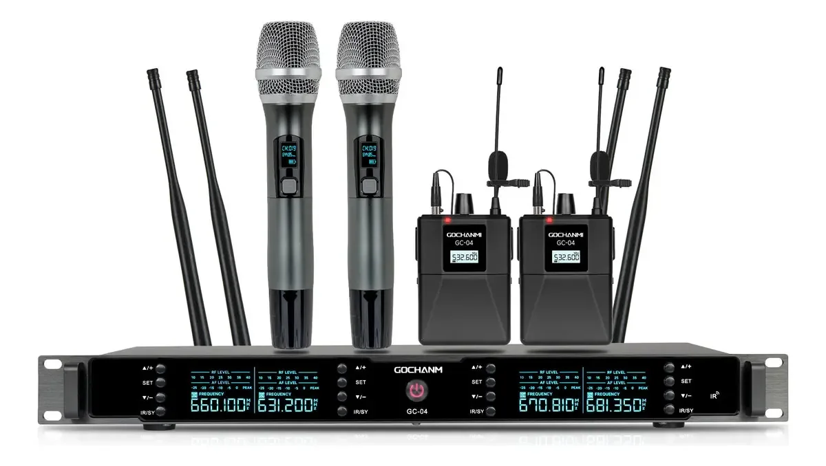 Microfones de mão e lapela UHF sem fio Gc GC04q de 4 canais, cor preta
