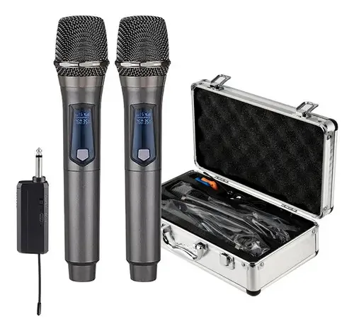 Microfones portáteis Gc 2 UHF sem fio com estojo preto