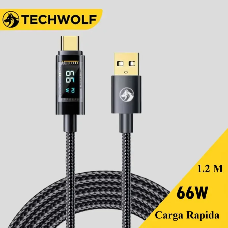 Cabo de carregamento rápido USB C com display digital, cabo USB A para tipo C, cabo de dados Techwolf para telefones e tablets de 1,2 m