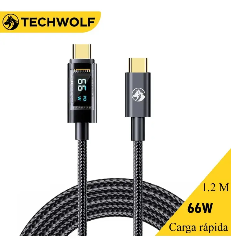 Cabo USB C para tipo C com cabo de dados de display digital, cabo de carregamento rápido Techwolf para telefones e tablets de 1,2 m, cor preta