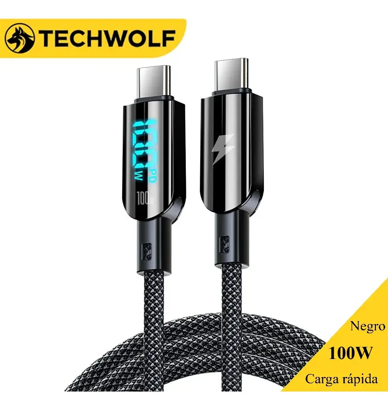 Cabo USB C para tipo C, cabo de carregamento rápido com display digital, cabo de dados Techwolf para telefones e tablets de 1,2 m