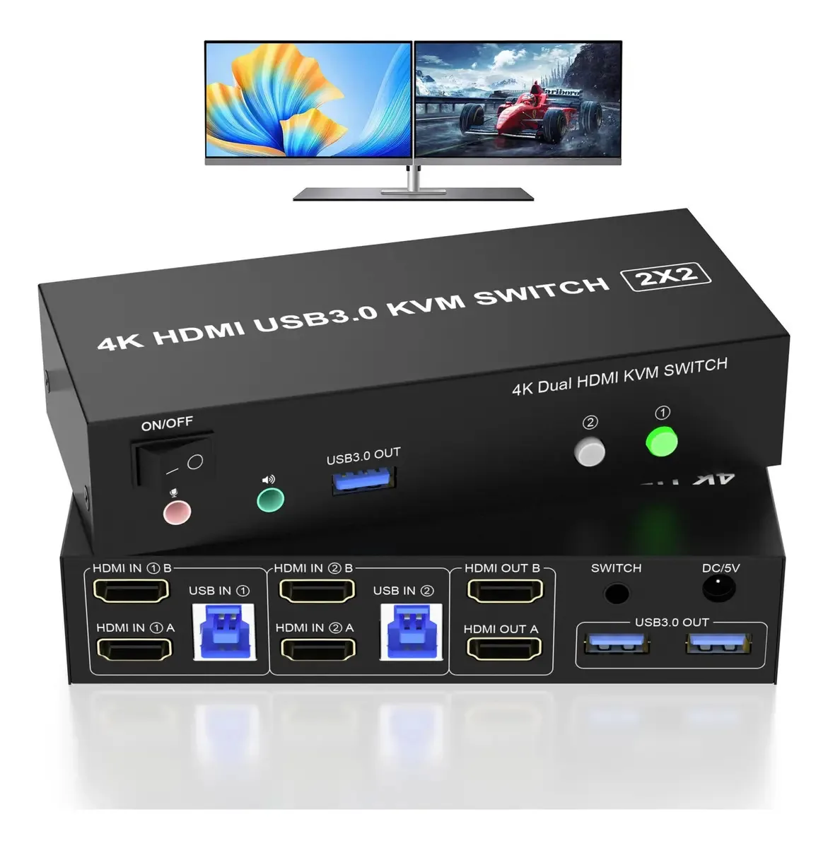Comutador KVM de Monitor Duplo HDMI 2 Computadores, 2 Monitores Compatíveis com 4K 60Hz, Emuladores EDID USB 3.0 KVM Switcher para 2 Computadores, Compartilham Monitores Duplos e 3 Portas USB 3.0