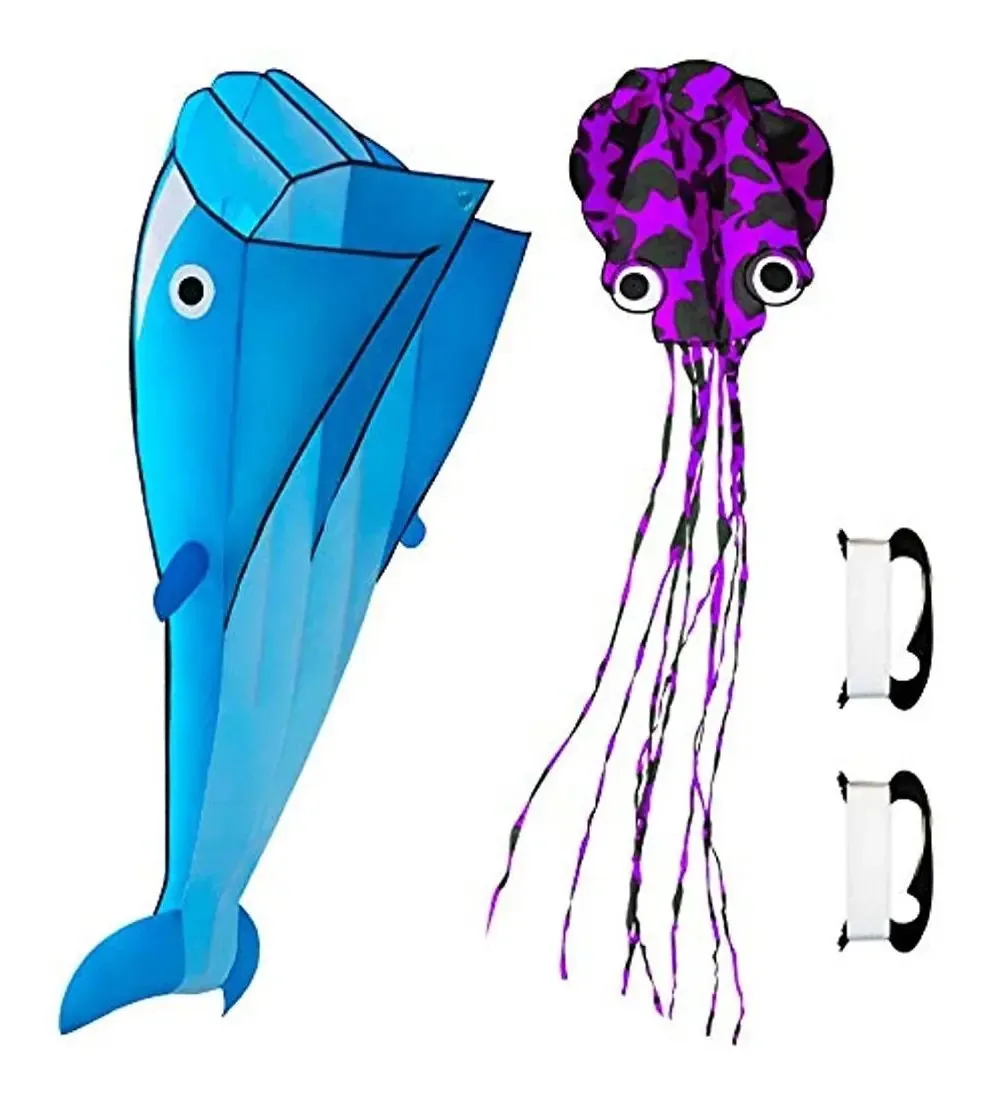 Lamonty — Pipa de golfinho 3D grande azul e polvo com listras roxas para crianças e adultos com cauda longa colorida, acessórios fáceis de pilotar para esportes ao ar livre