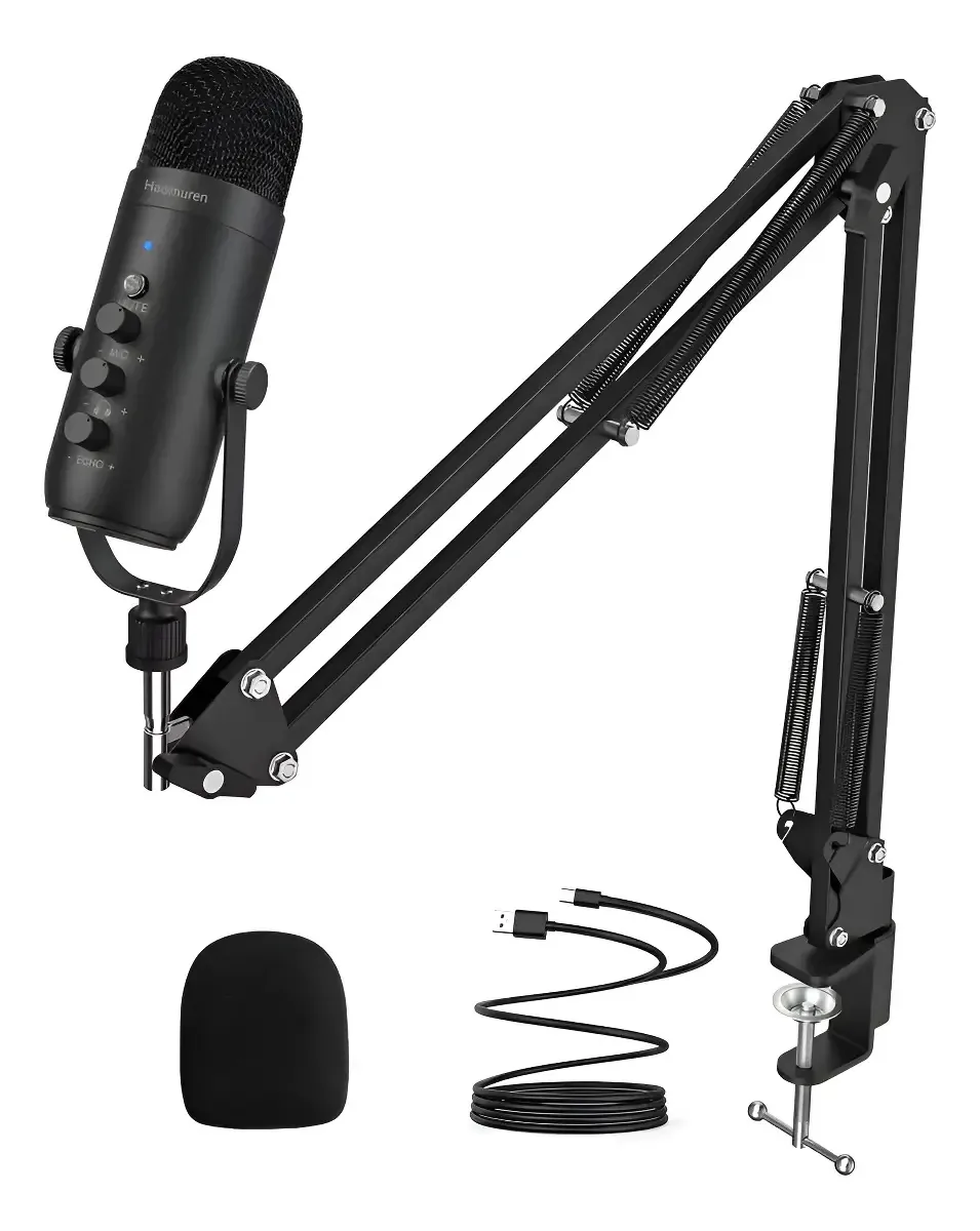 Microfone USB preto profissional para streaming de braço cardioide/podcast