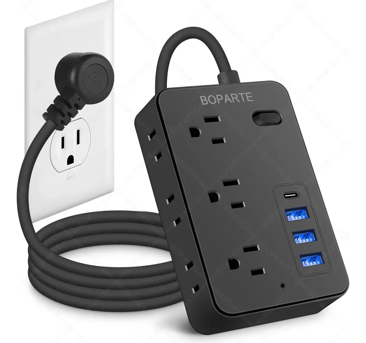 Tira de carregador multicontato com 6 entradas e 3+1 USB, cor preta