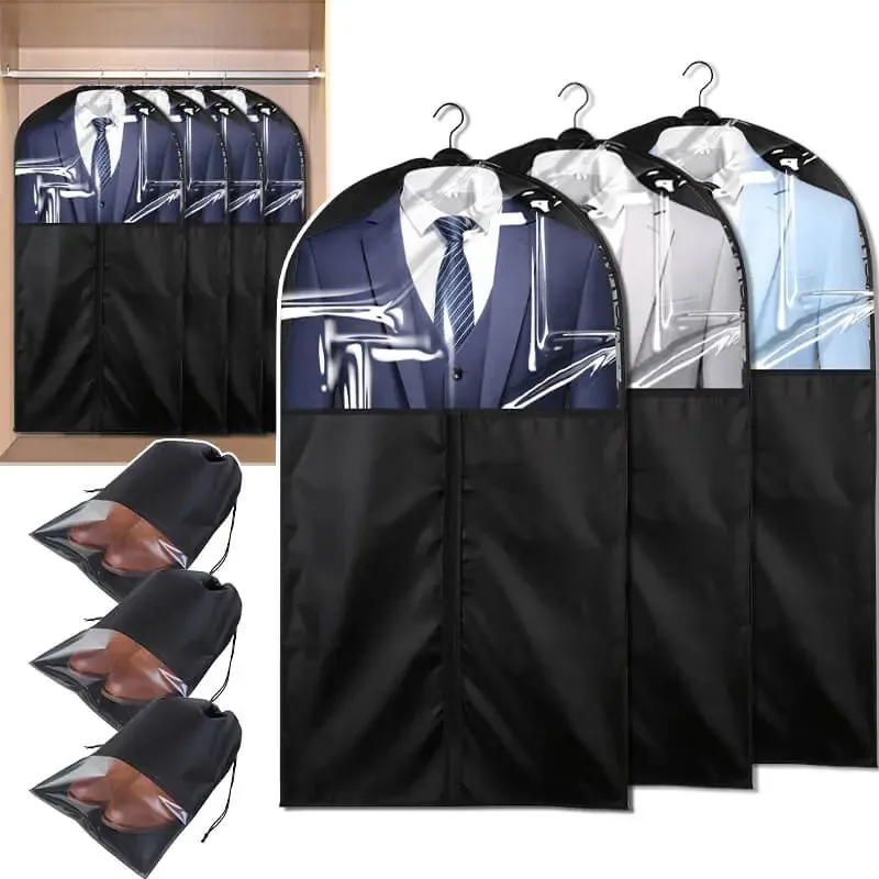 Conjunto de 3 porta-ternos, capa de 60 x 100, bolsa social, cor de roupa: preto