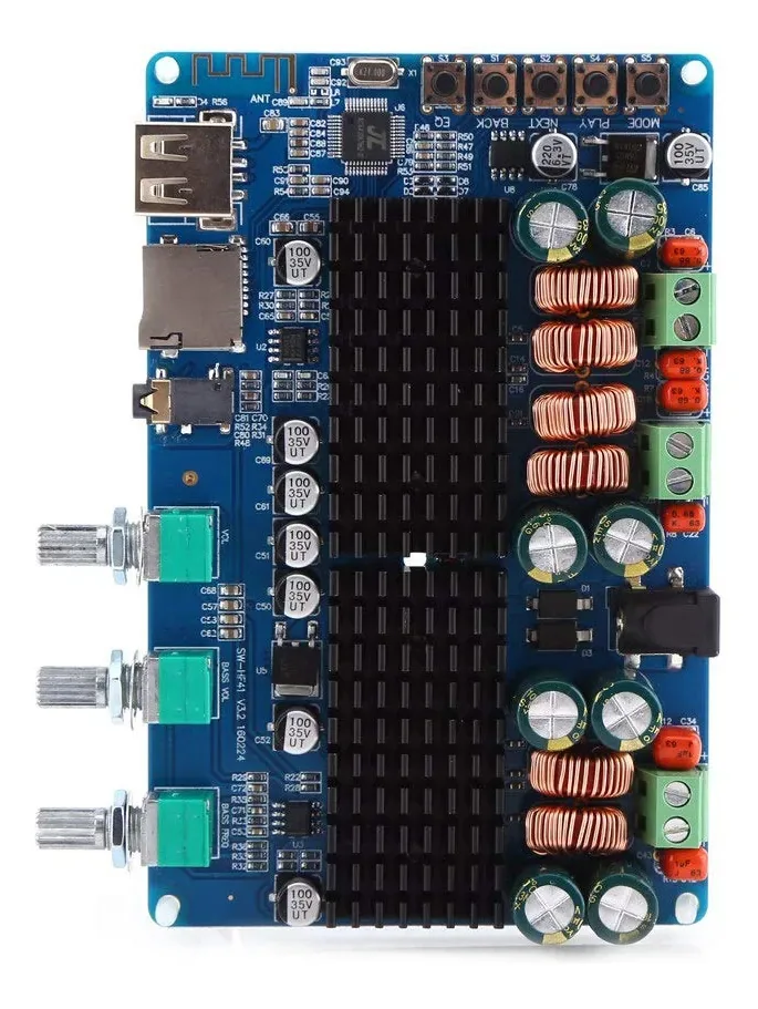 Amplificador digital, placa amplificadora de 2.1 canais Entrada USB Bluetooth TF 50w+50w Amplificadores estéreo domésticos Saída de subwoofer de 100w para DC 26v
