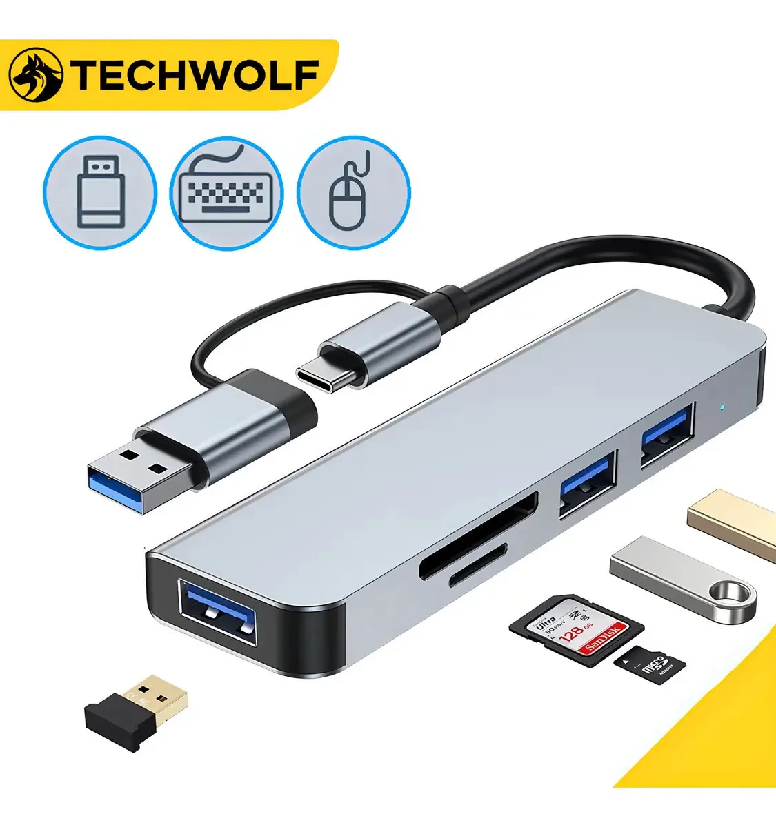 USB C e um hub multiportas, adaptador USB Techwolf com porta USB 3.0 e extensor USB 2.0 Sd Tf Reader USB para laptop, Mac, celular e tablet