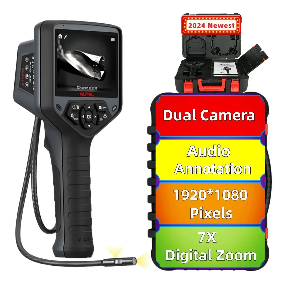 Endoscópio/boroscópio industrial de lente dupla Autel Maxivideo Mv480 com cabo de inspeção automotivo à prova d'água, câmera digital com zoom de 7x, rotação avançada de 360°, anotação de áudio Mv460