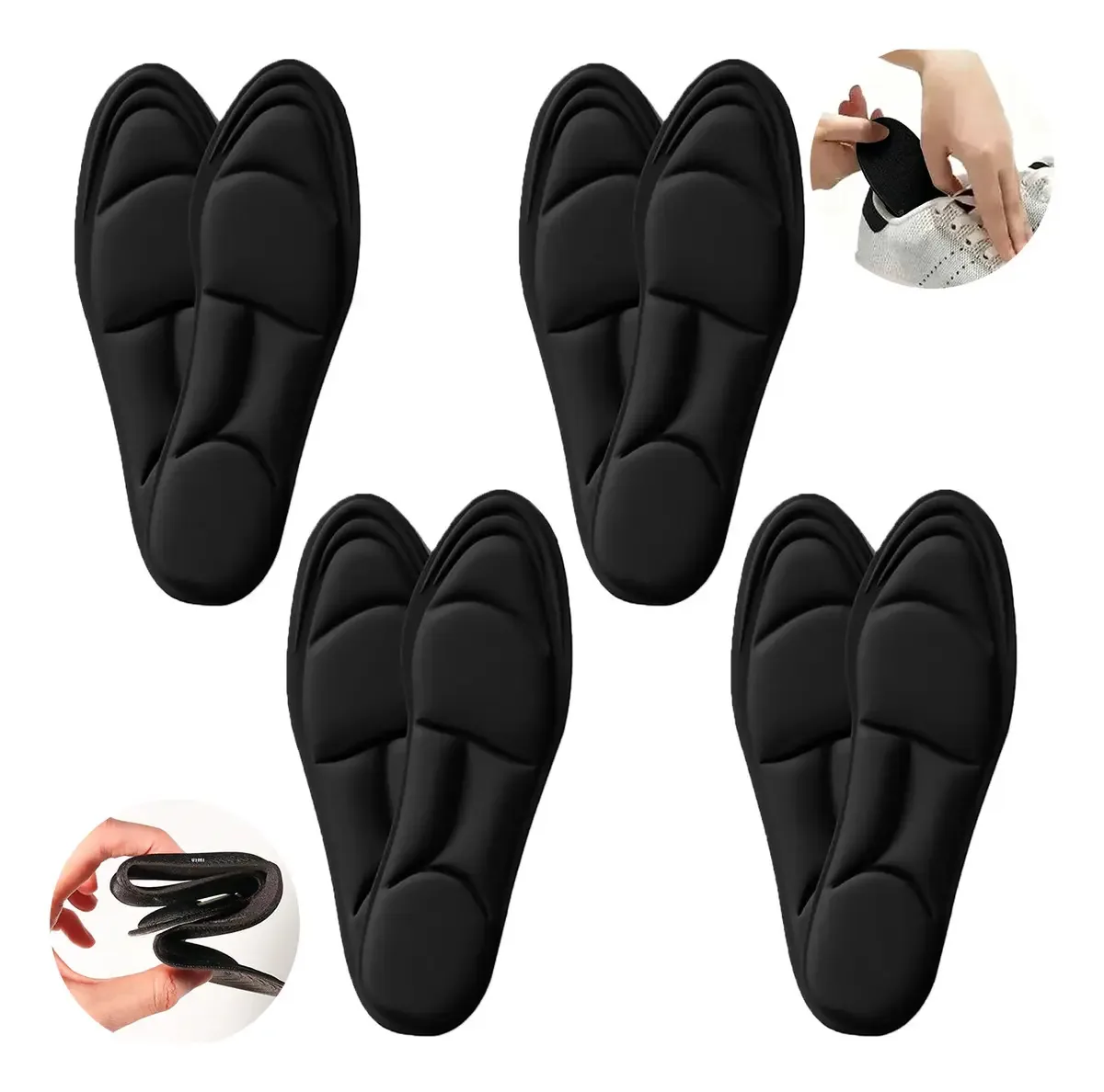 4 pares de palmilhas antifadiga de espuma viscoelástica absorvem a cor do suor, palmilha preta, tamanho pequeno