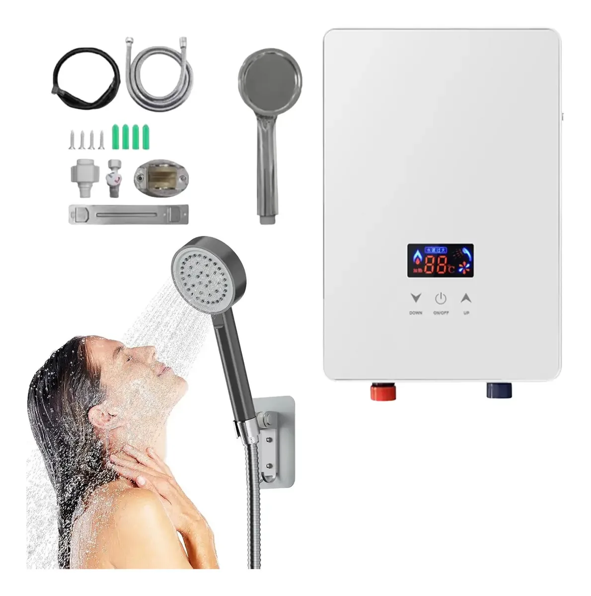 Aquecedor de água instantâneo Tuomo. Com cabeça de chuveiro, temperatura ajustável, caldeira elétrica para água quente doméstica, aquecedor sem tanque para banheiro de cozinha, 3500w, tela grande