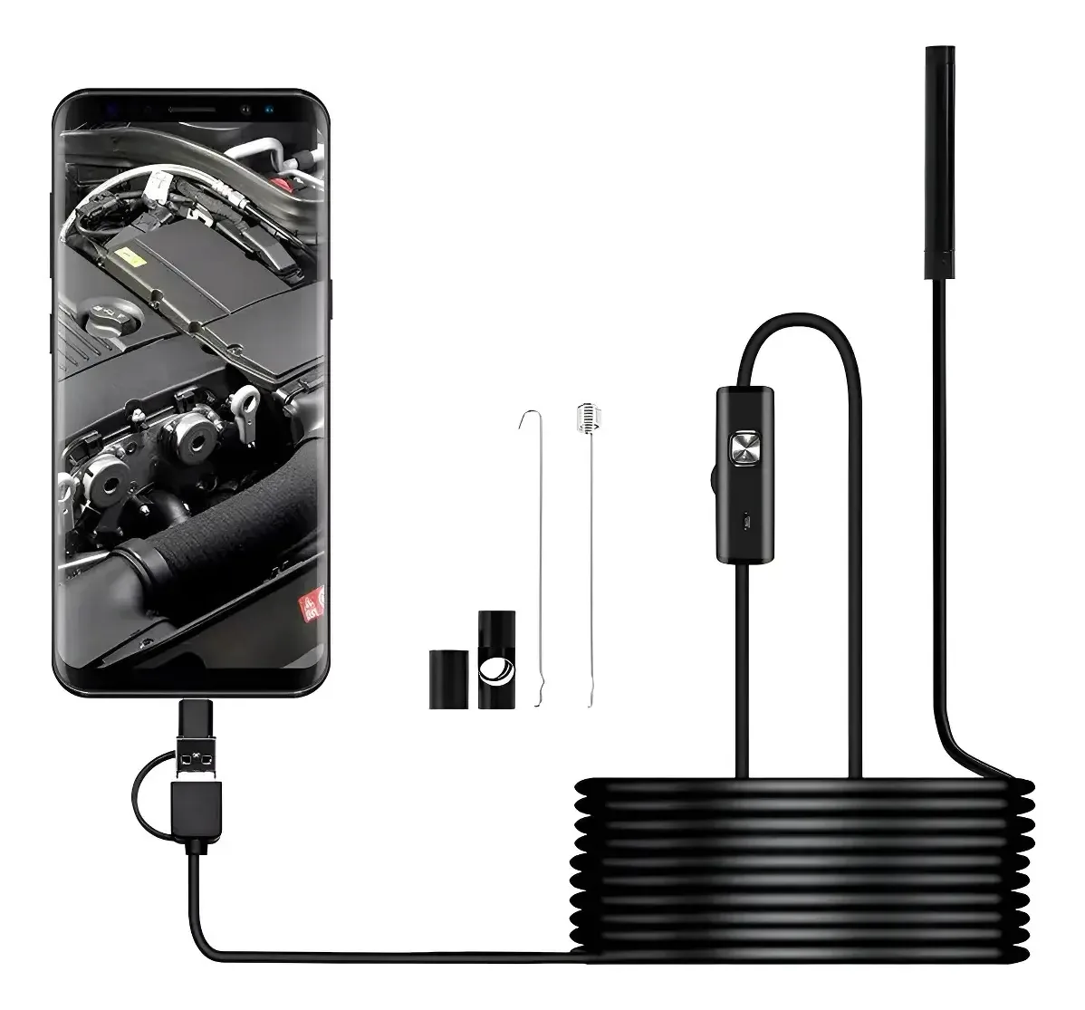 Endoscópio impermeável Ycrigns 3en 1 com cabo macio e sonda de minicâmera de 5 m com luz LED para inspeção, compatível com telefones e laptops, kit completo com acessórios ideais para mecânica e...