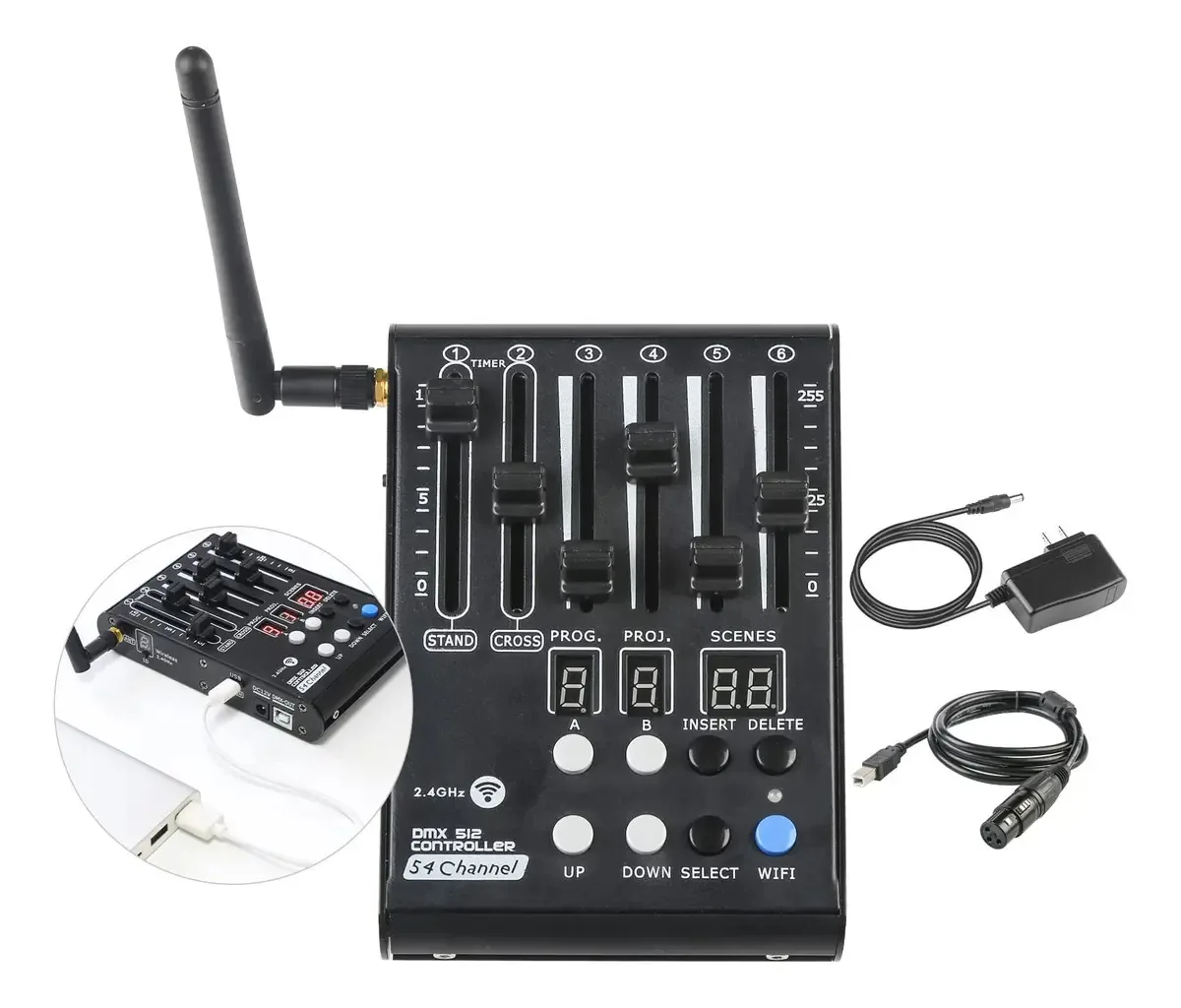 Controlador Mini DMX 512 Controlador sem fio DMX, cont. Cor: Usb 6way, 54 canais, sem fio