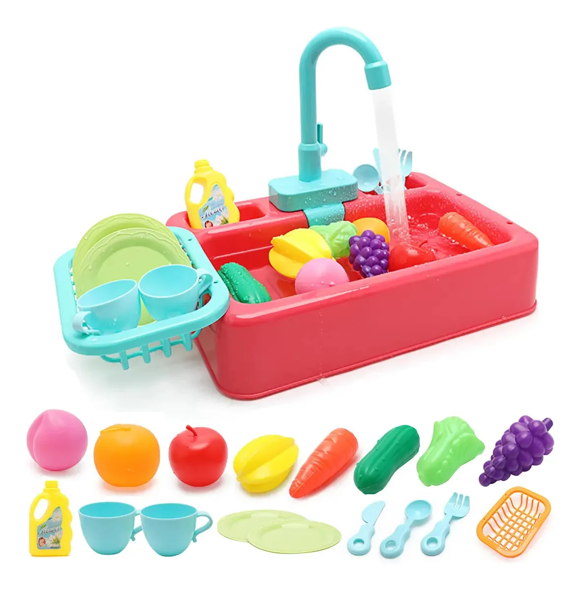 Conjunto de pia de brinquedos para cozinha infantil Einaro, lava-louças, vermelho