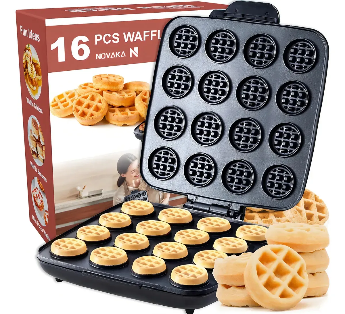 Máquina de panqueca de café da manhã Youlixisi Mini Waffle de 16 furos para café da manhã, lanches, sobremesas e muito mais