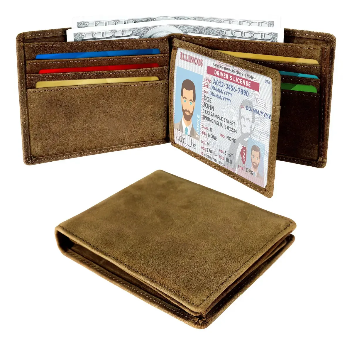 Carteiras masculinas Carteira de couro genuíno com bloqueio de RFID, cor marrom claro
