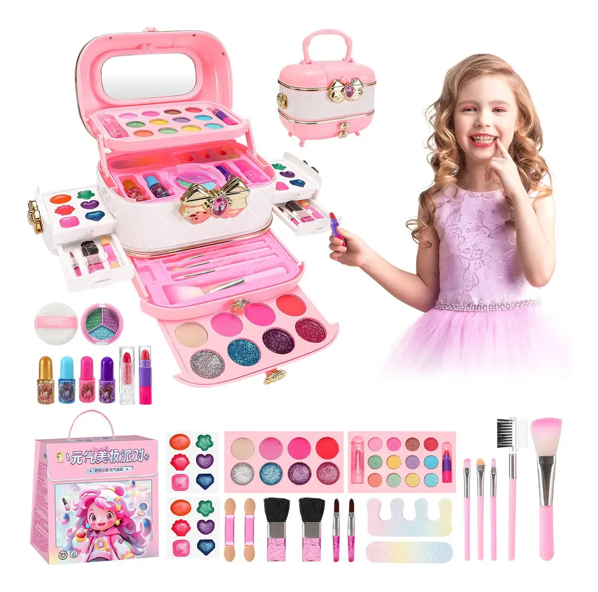 Brinquedo de maquiagem de beleza para meninas, salão de beleza, vaidade lavável, 58 unidades